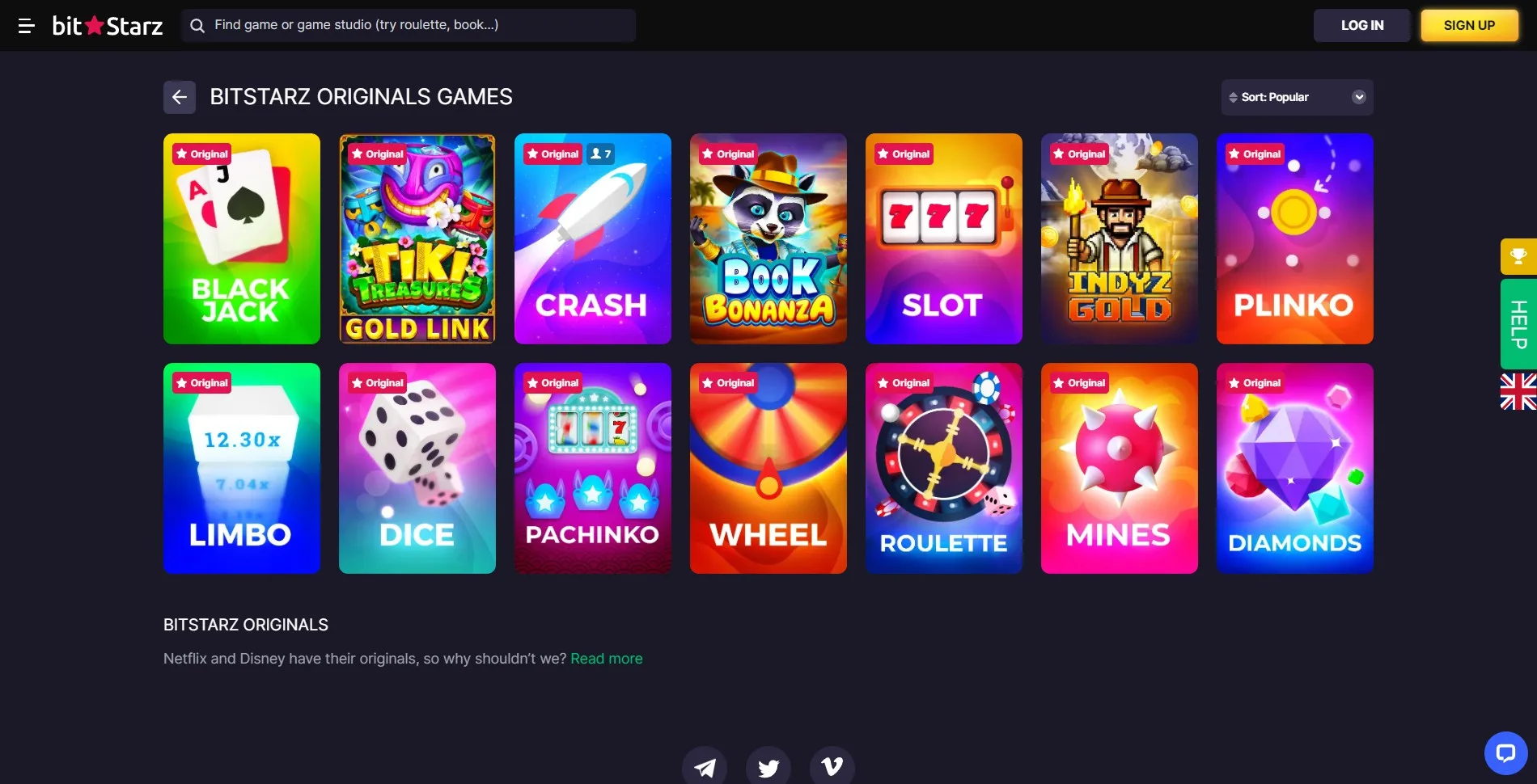 Image of the BitStarz Originals games section on the BitStarz casino website, featuring exclusive games developed specifically for BitStarz, such as Gold Rush Frog and BitStarz Billion.