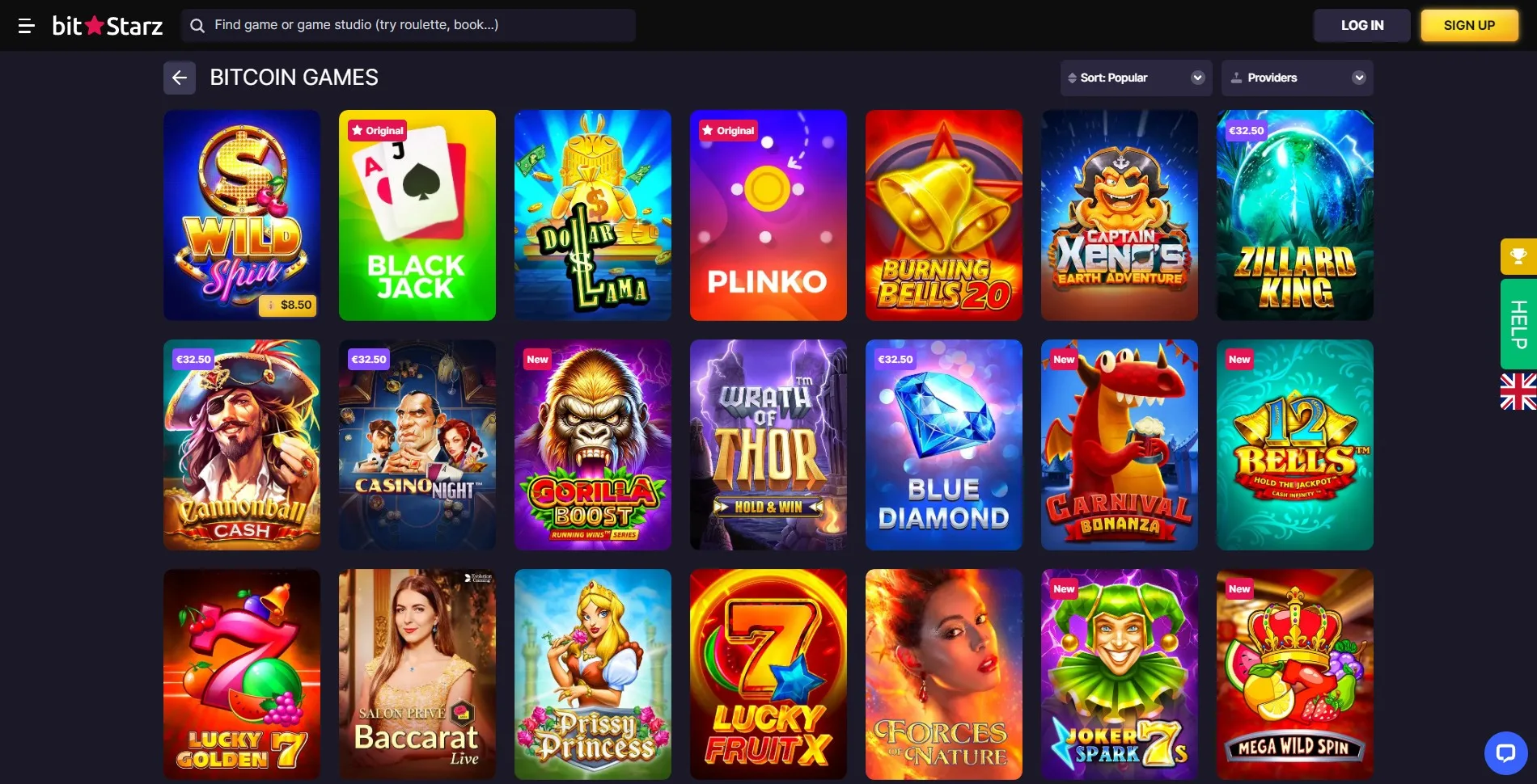 Image of the Bitcoin games section on the BitStarz casino website, featuring a collection of games that can be played using Bitcoin, including slots, table games, and live casino options.