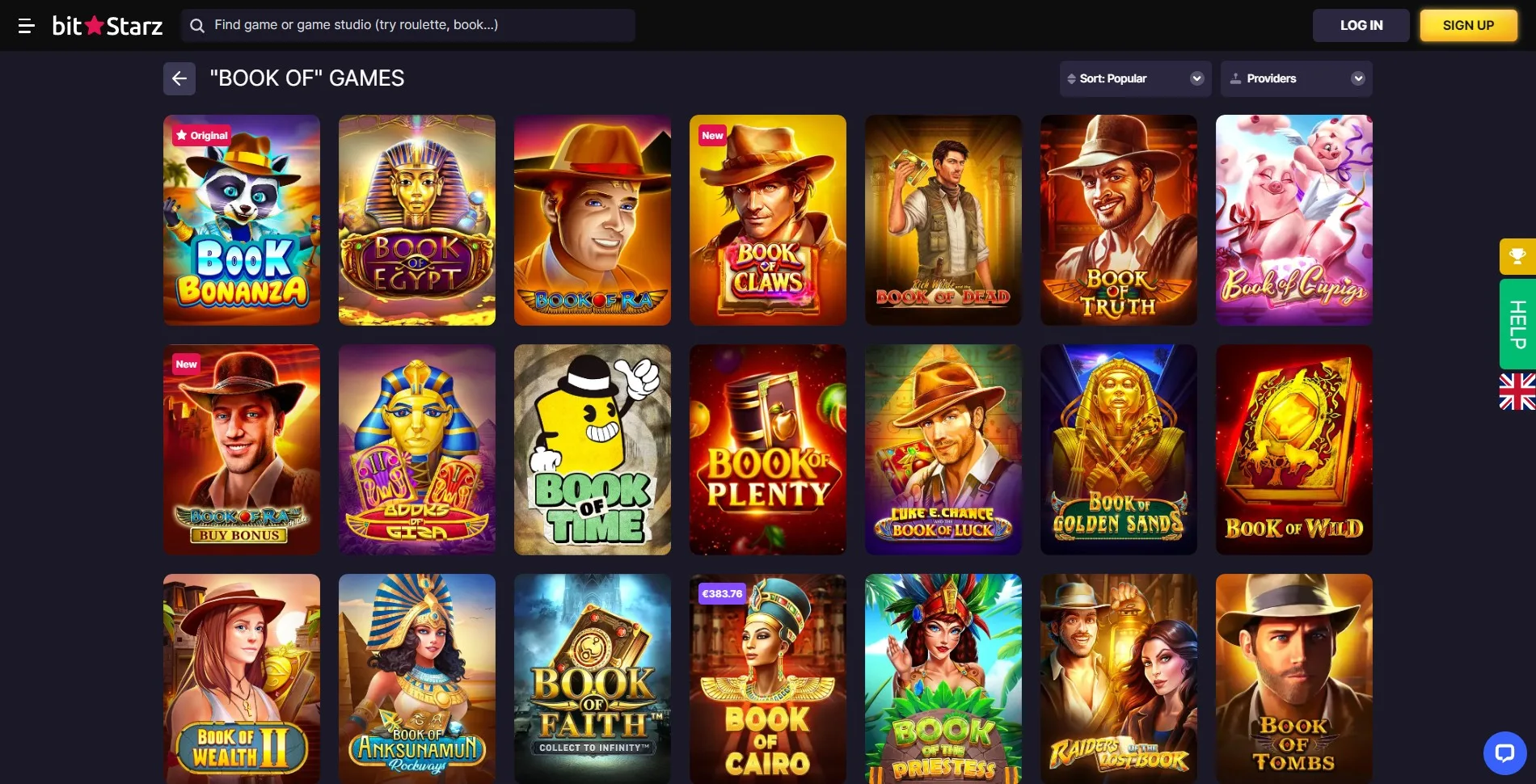 Image of the Book of Games section on the BitStarz casino website, featuring a collection of slots and other games themed around ancient books and mystical themes, such as Book of Dead and Book of Ra.