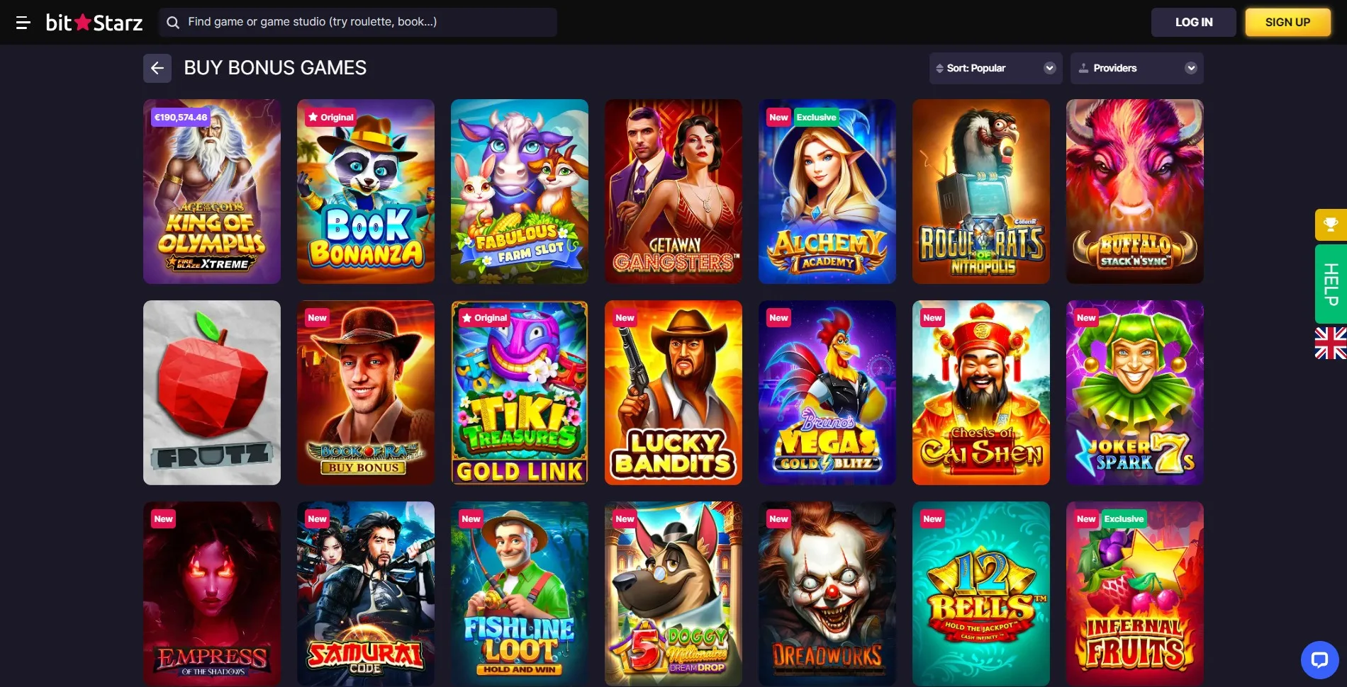 Image of the buy bonus games section on the BitStarz casino website, featuring slots that allow players to purchase bonus rounds directly, such as those from NoLimit City and Kalamba Games.