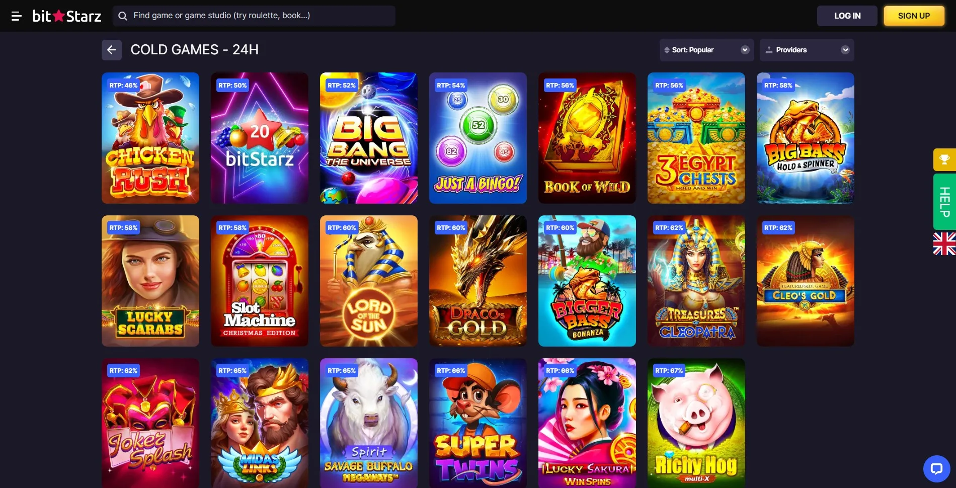 Image of the cold games section on the BitStarz casino website, showcasing slot games that have not paid out frequently over the last 24 hours, helping players identify less active games.