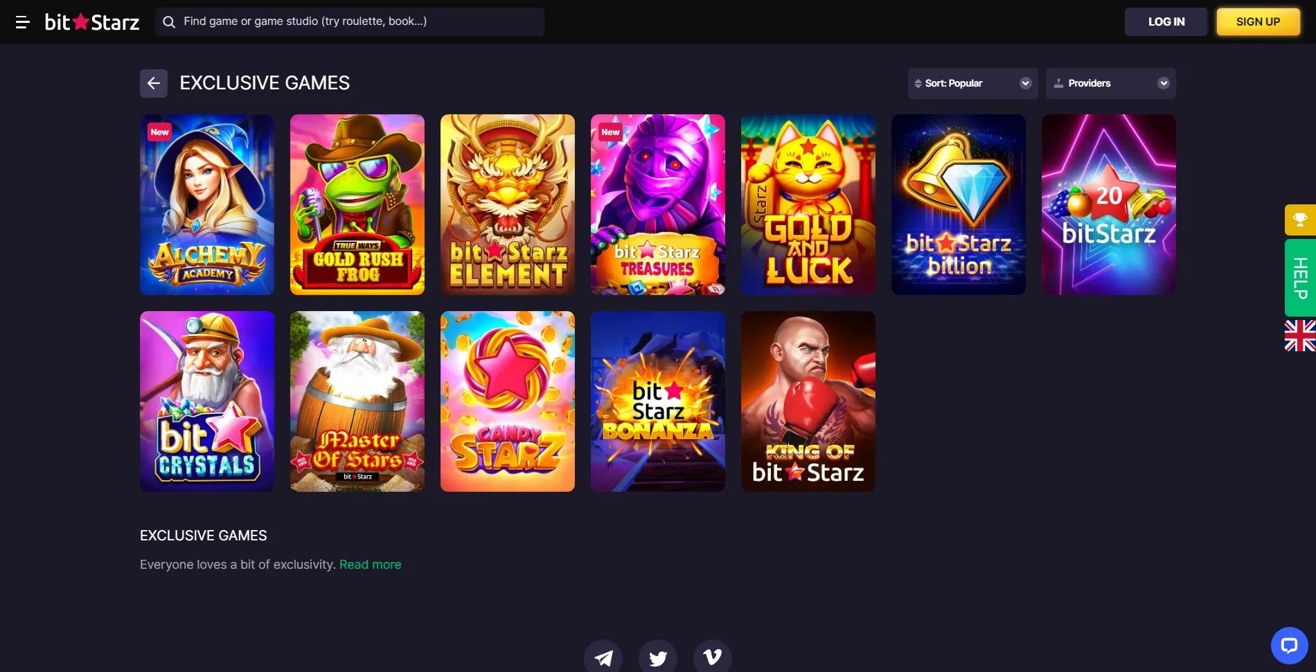 Image of the exclusive casino games section on the BitStarz casino website, featuring games that are only available at BitStarz, such as BitStarz Billion, BitStarz Element, and other unique titles.