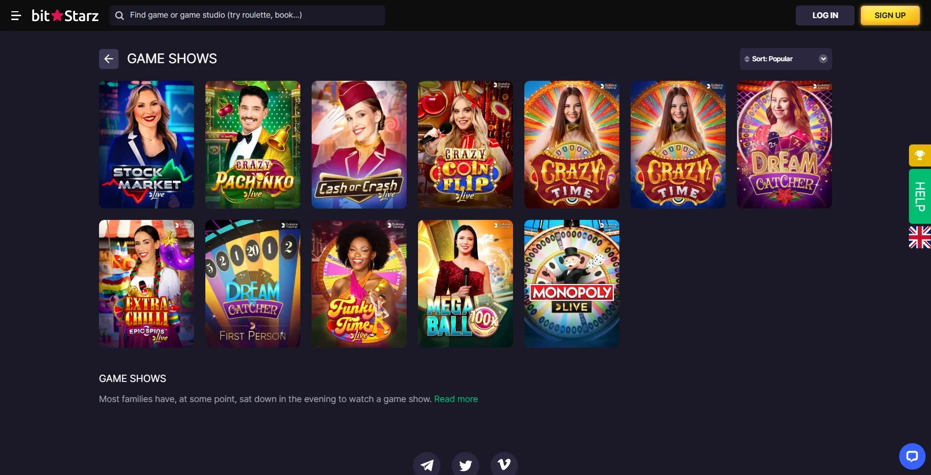 Image of the game shows section on the BitStarz casino website, featuring live and interactive game shows such as Monopoly Live, Crazy Time, and Deal or No Deal, hosted by engaging dealers.