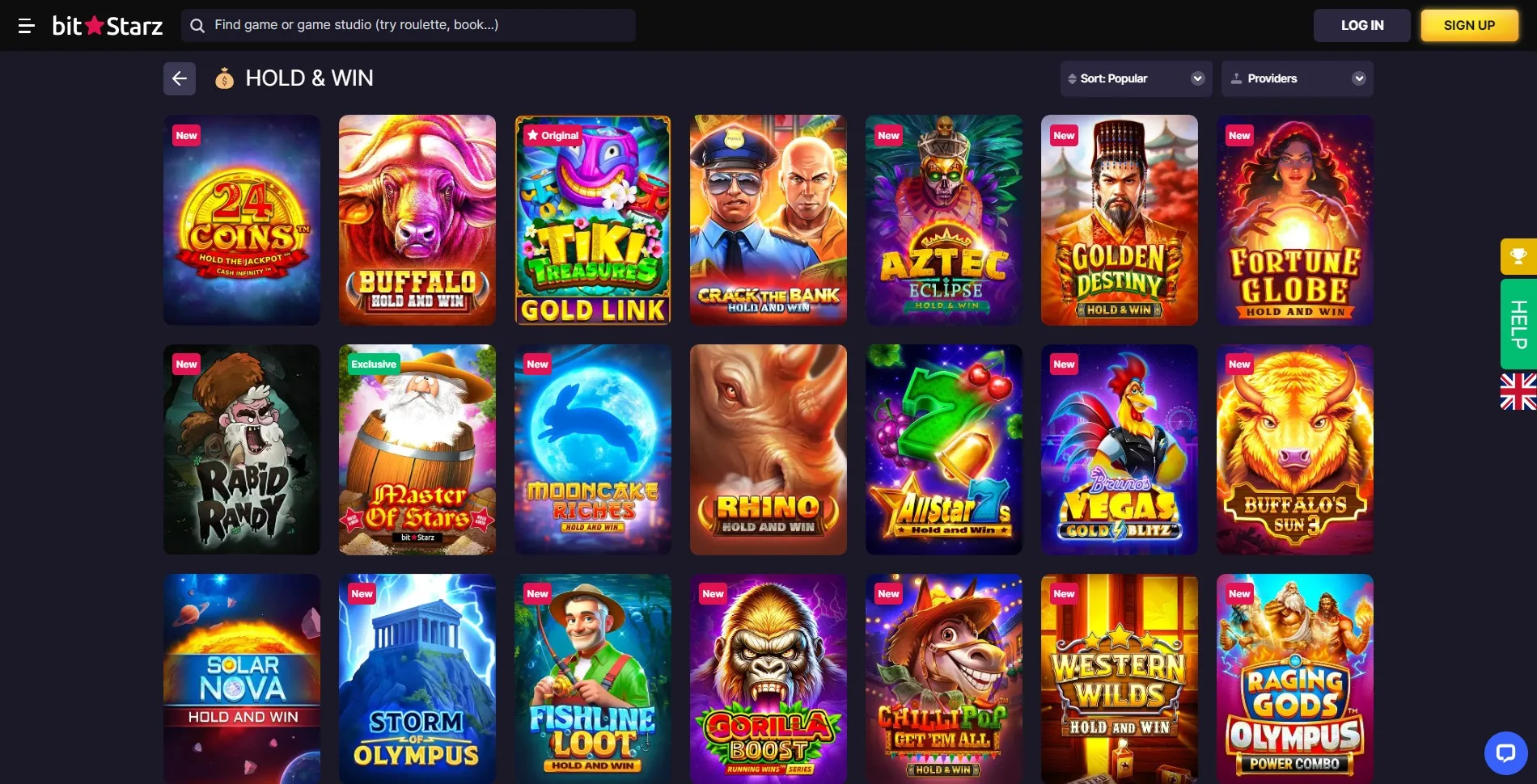 Image of the Hold and Win games section on the BitStarz casino website, featuring a collection of slots with Hold and Win mechanics, including games like Catch the Gold, Dragon Age, and Buffalo Hold and Win.
