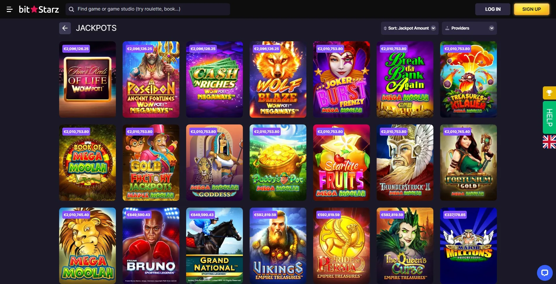 Image of the jackpot games section on the BitStarz casino website, featuring a variety of progressive and fixed jackpot slots with potential for large winnings.