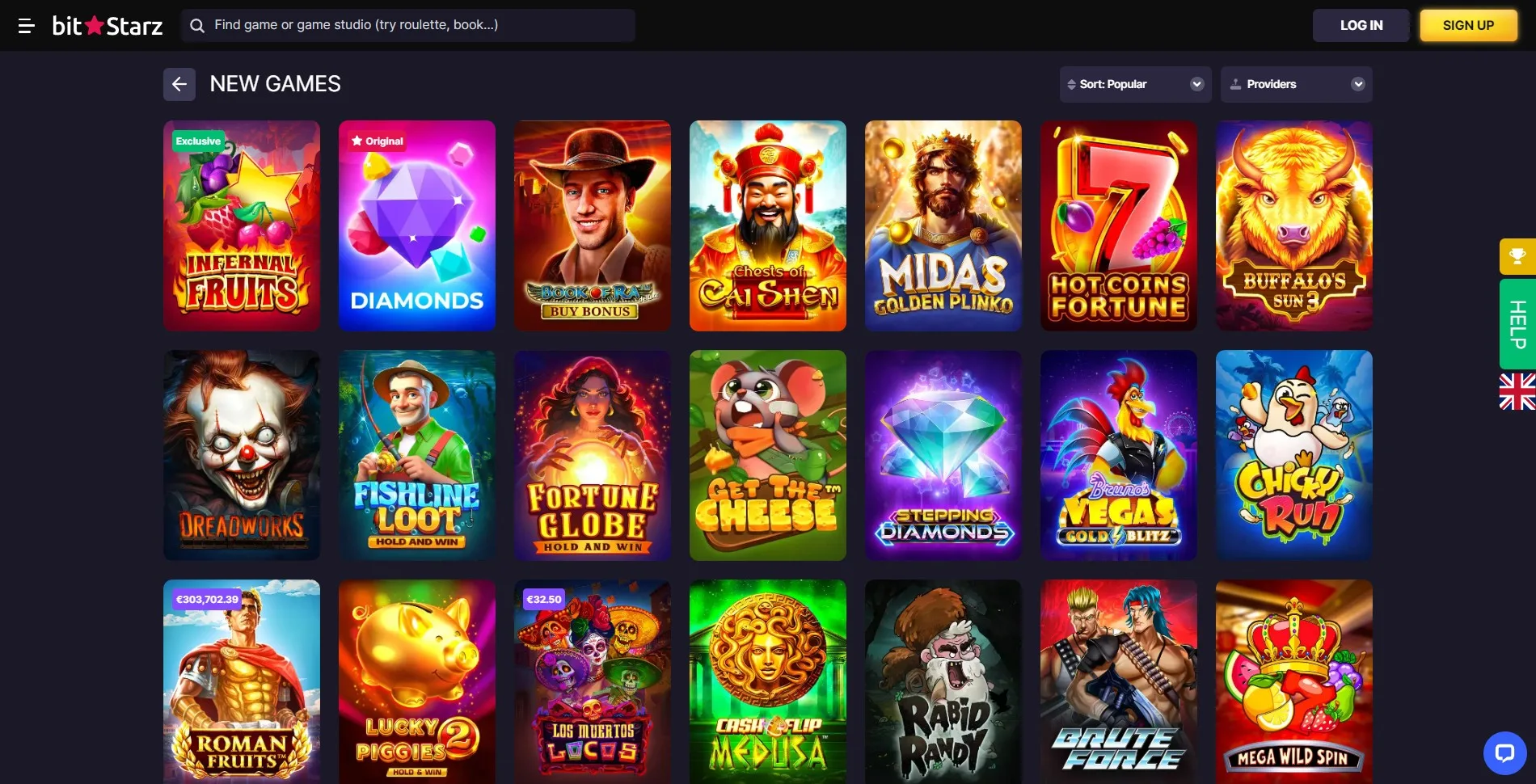 Image of the new casino games section on the BitStarz casino website, featuring recently released slots, table games, and other exciting new titles available to players.