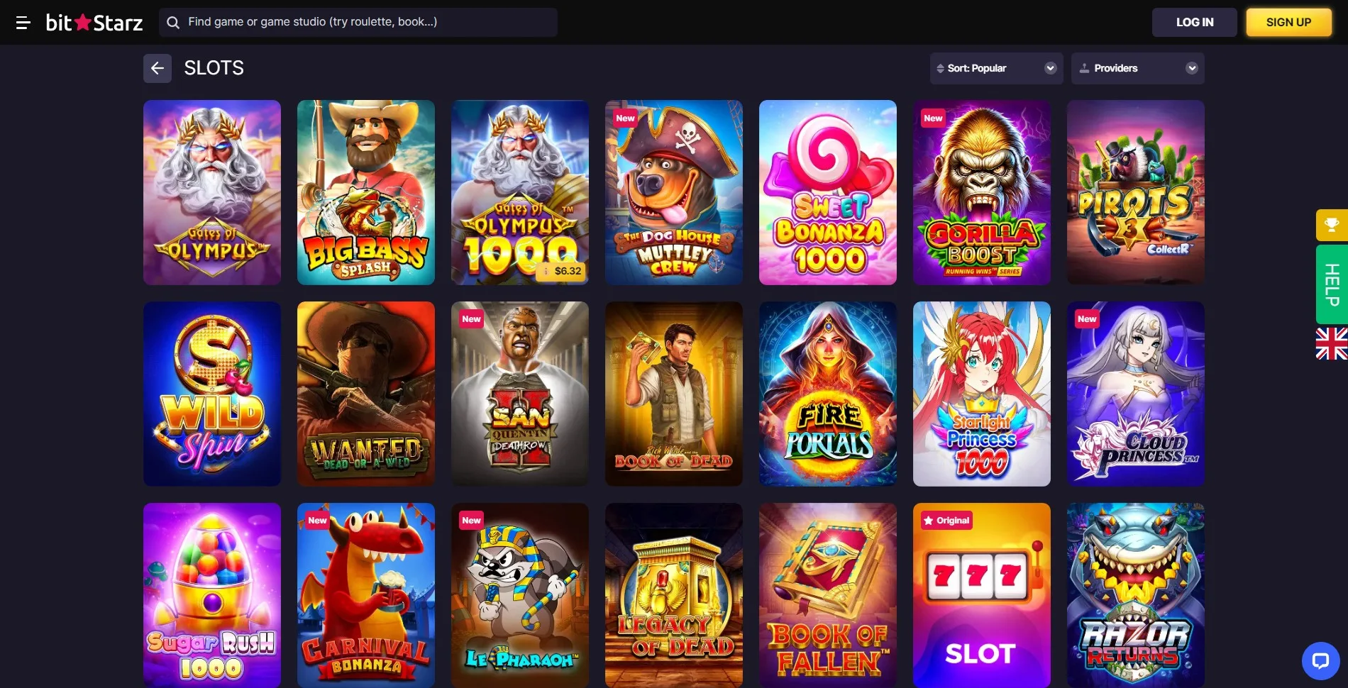 Image of the online slots section on the BitStarz casino website, featuring a wide variety of slot games from top software providers, including popular titles and new releases.