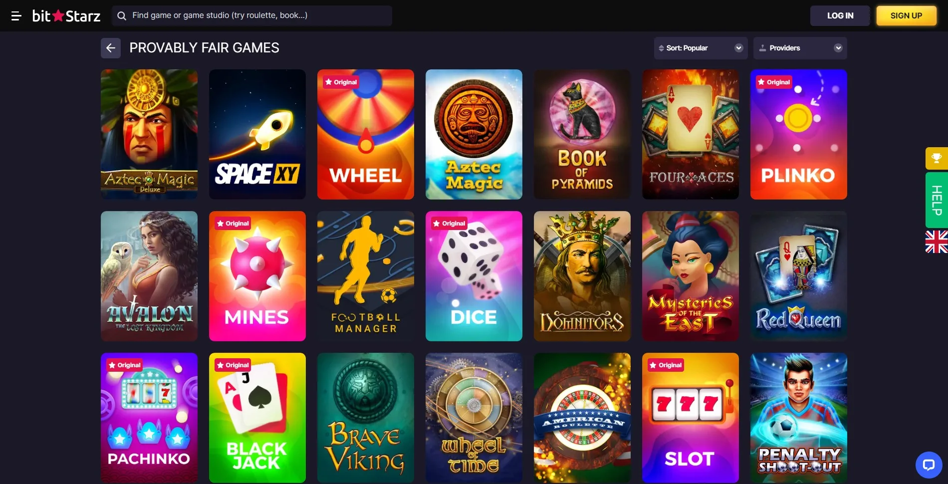 Image of the provably fair games section on the BitStarz casino website, highlighting games that use cryptographic algorithms to ensure fairness and transparency, allowing players to verify game outcomes.