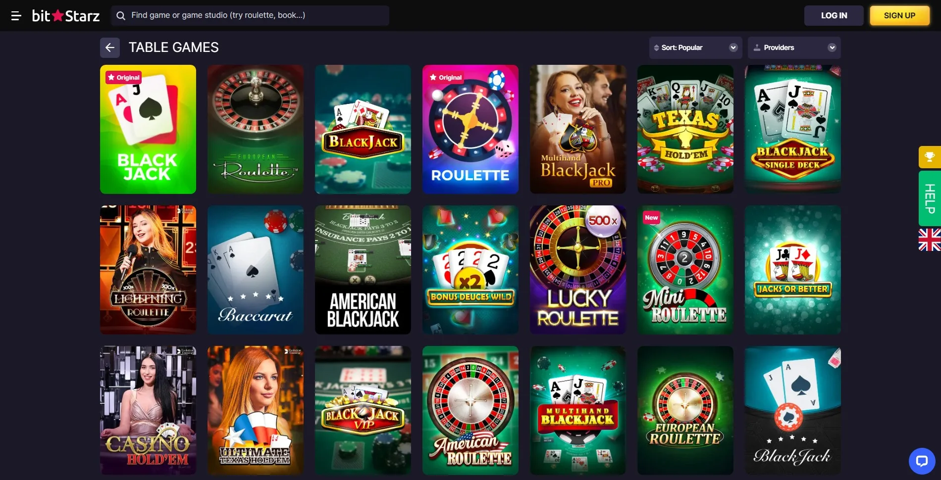 Image of the table games section on the BitStarz casino website, showcasing various classic and variant table games such as blackjack, roulette, and baccarat.